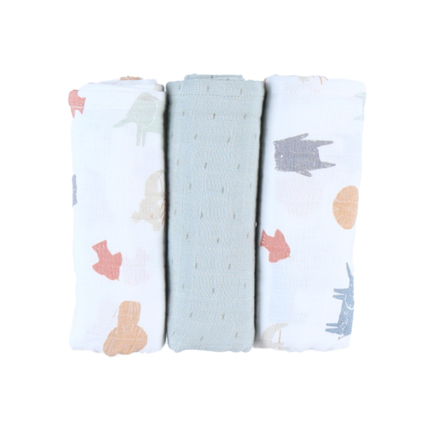 Lot de 3 langes en mousseline imprimé animaux 70 x 70 cm 24M 