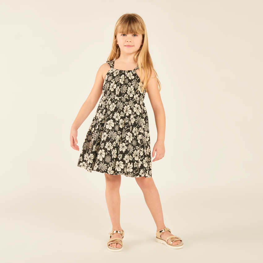 Robe à bretelles volantées imprimé fleurs exotiques pour fille