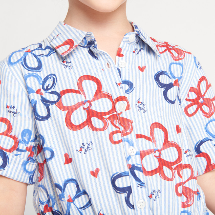 Robe chemise manches courtes imprimée fleurs avec rayures pour fille 