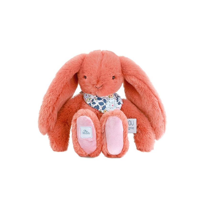 Petite peluche lapin fleurette terracotta 25 cm