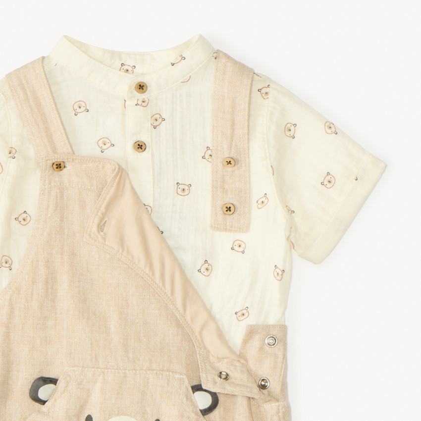 Ensemble court 2 pièces salopette + chemise imprimé ourson pour bébé garçon 