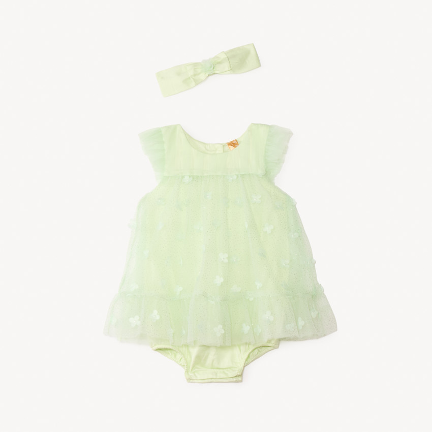 Robe en tulle avec fleurs 3D + bandeau avec nœud en tulle pour bébé fille 