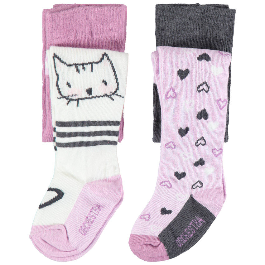 Lot de 2 collants épais avec chat et coeurs en jacquard 