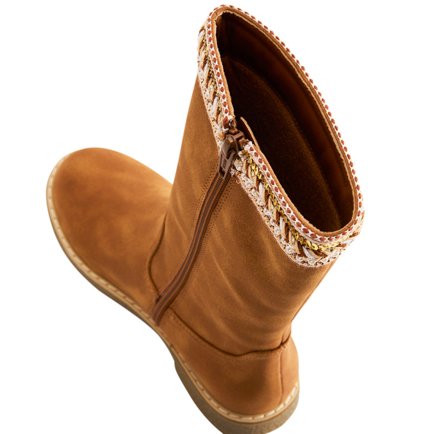 Bottes marron à zip et galon textile avec perles et sequins pour fille 