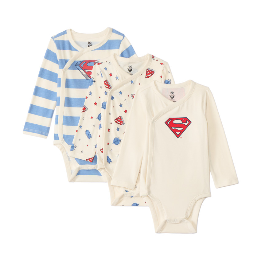 Lot de 3 bodies manches longues Superman pour bébé garçon avec ouvertures différentes selon l'âge 