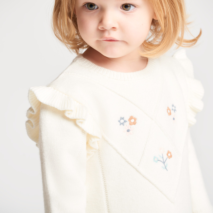 Robe tricot bébé fille broderies fleuries 