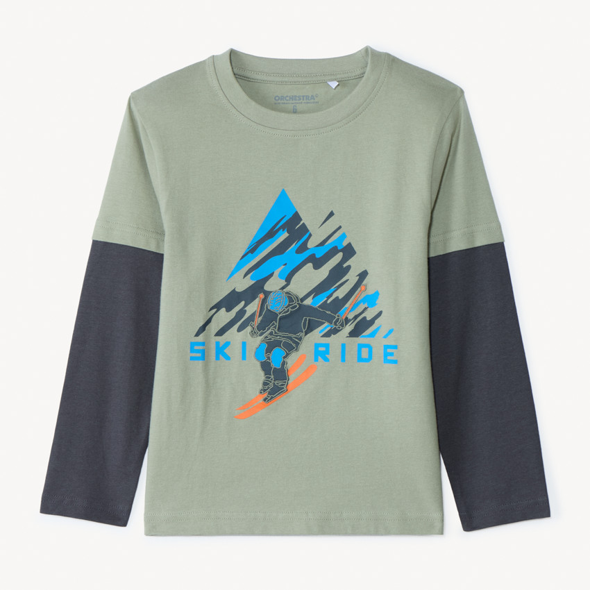 T-shirt manches longues effet 2 en 1 printé ski pour garçon - Kaki