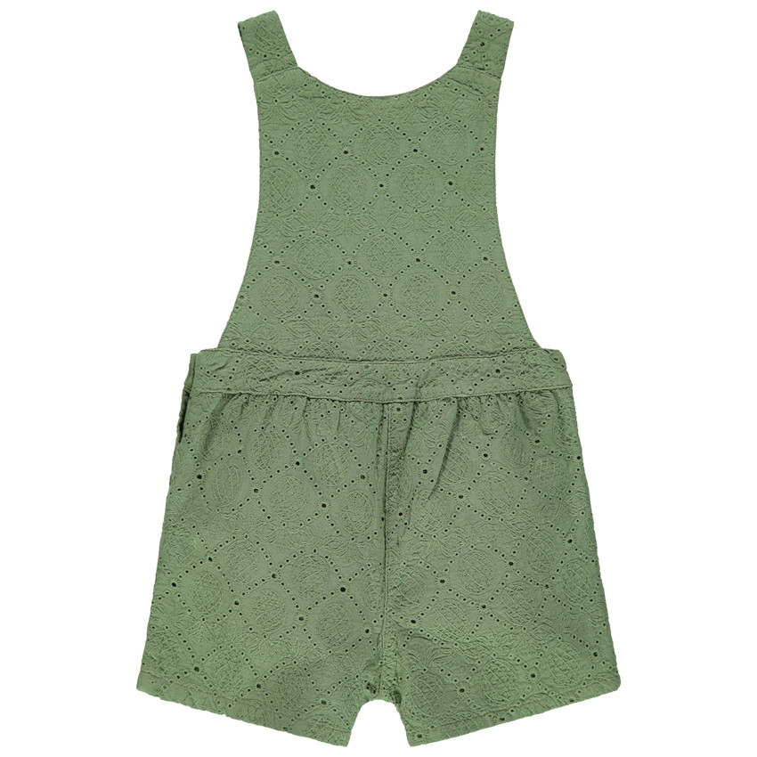 Salopette courte kaki en broderie anglaise et patch toucan 