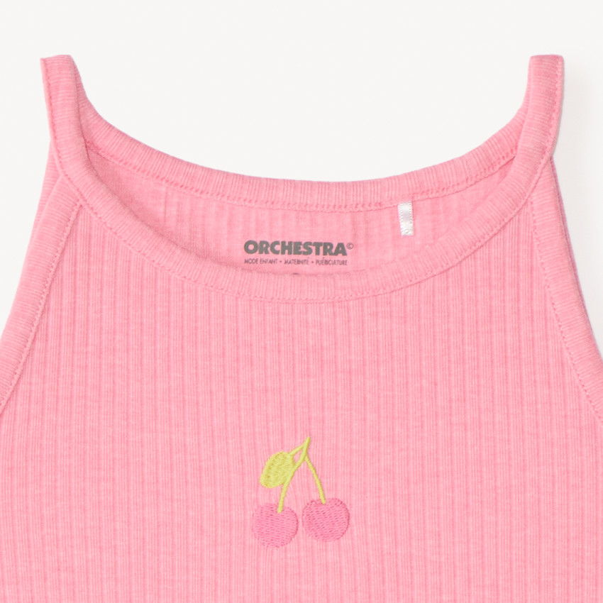 Débardeur court en maille côtelée broderie cerise pour fille 