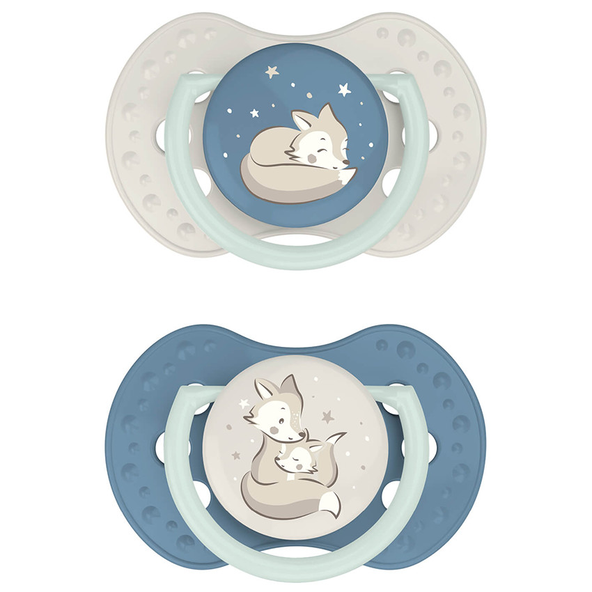 Lot de 2 sucettes silicone Dynamique Jour/Nuit 0/6M Garçon 