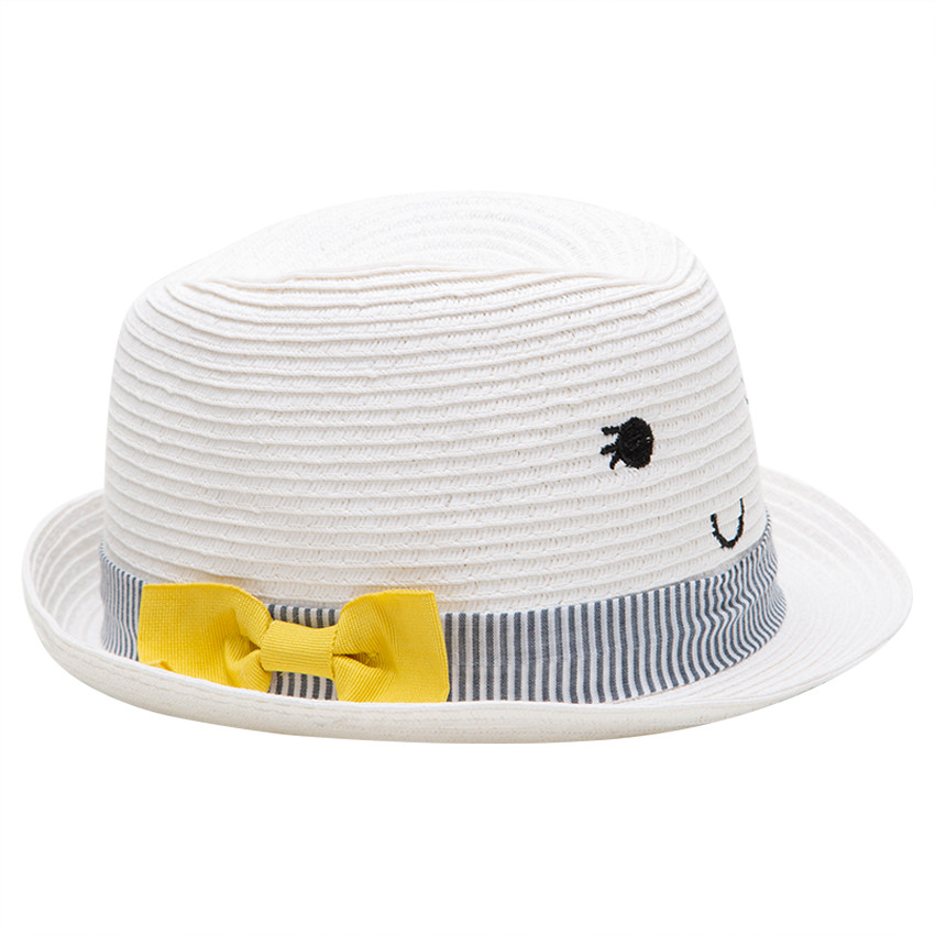 Chapeau effet paille avec galon à rayures et noeud jaune 