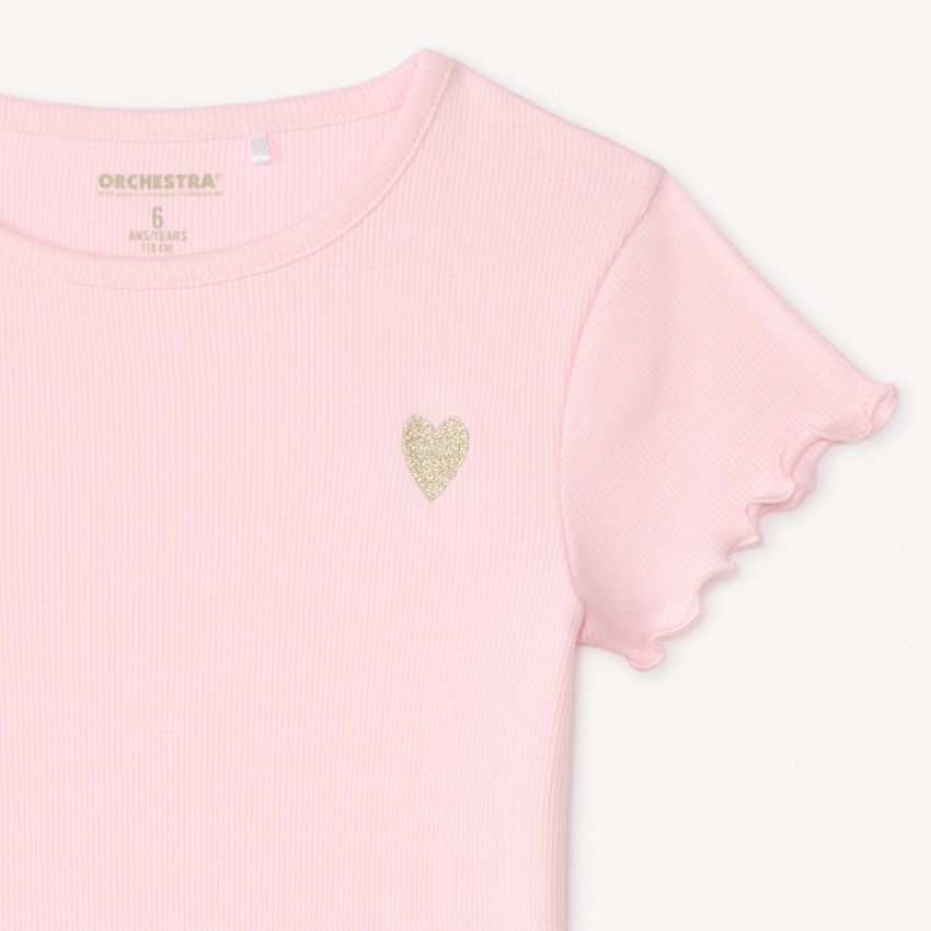 T-shirt manches courtes en maille côtelée uni broderie cœur pour fille 