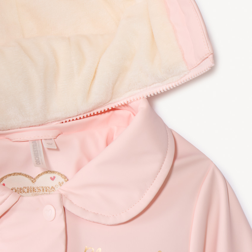 Parka gomme uni rose à capuche amovible pour bébé fille  