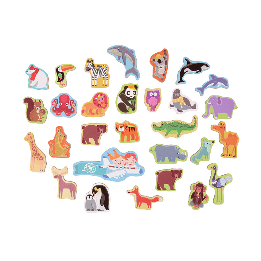 Planisphère magnétique en bois avec 30 aimants animaux 