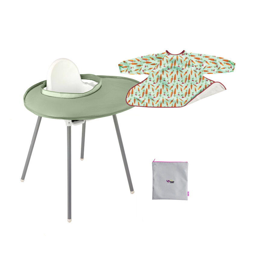 Kit bavoir et plateau imperméable imprimé carottes/vert cendré 