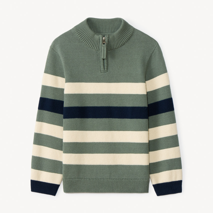 Pull manches longues à col camionneur à zip et rayures pour garçon