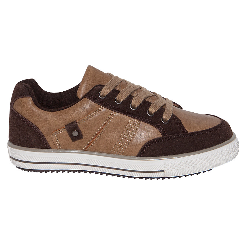 Baskets basses bi-matière à lacets choco camel 