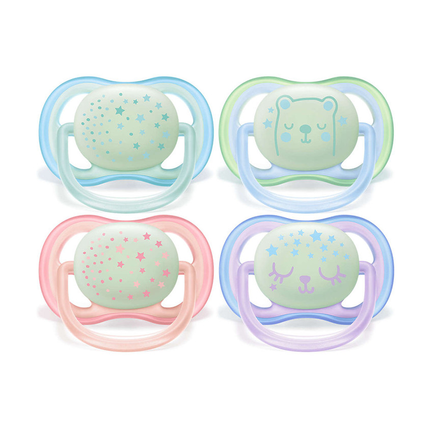 Lot de 2 sucettes phosphorescentes Ultra Air Night 0-6M - Bleu/Vert ou Rose/Violet 