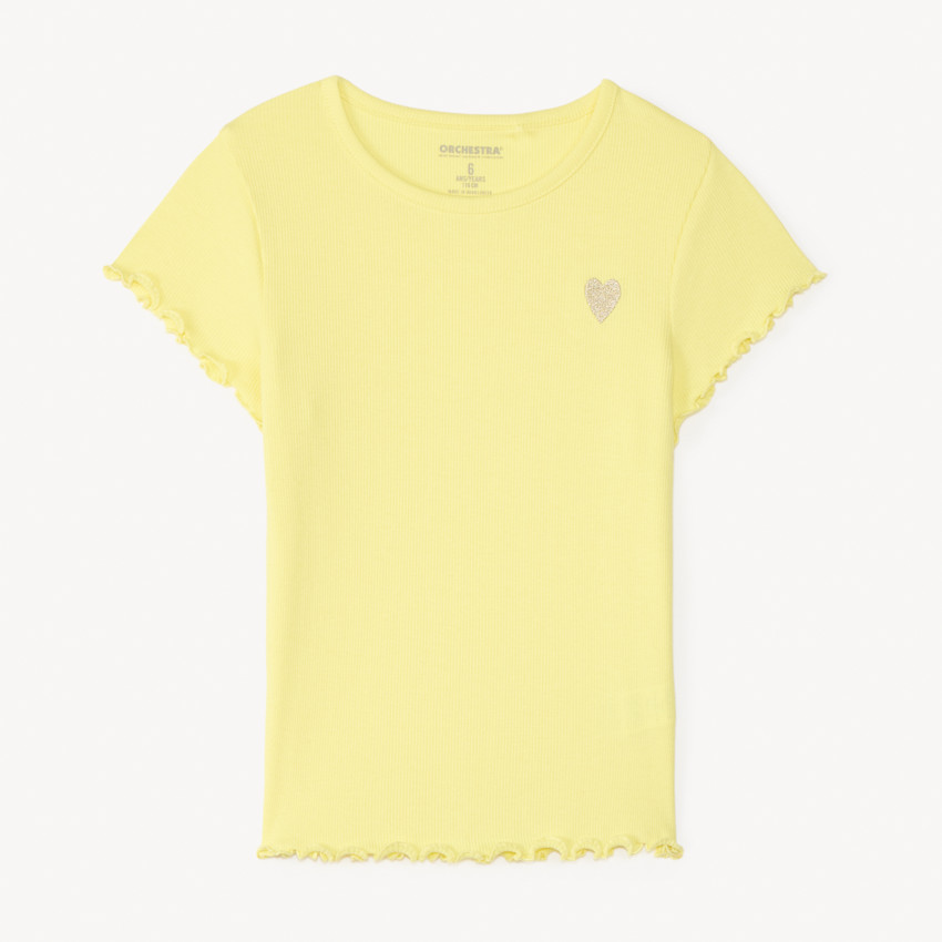 T-shirt manches courtes en maille côtelée uni broderie cœur pour fille 