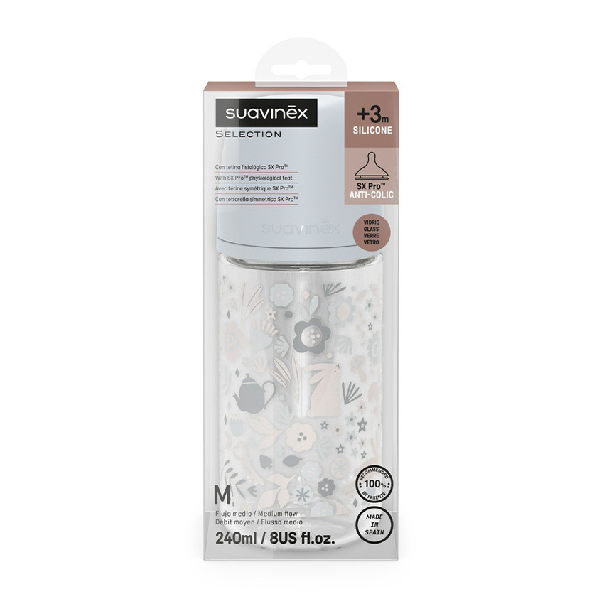 Biberon en verre avec tétine symétrique SX Pro M 240ml Wonderland Bleu 