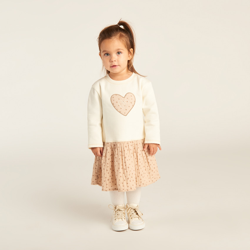 Robe bi-matière effet 2 en 1 à pois pour bébé fille 