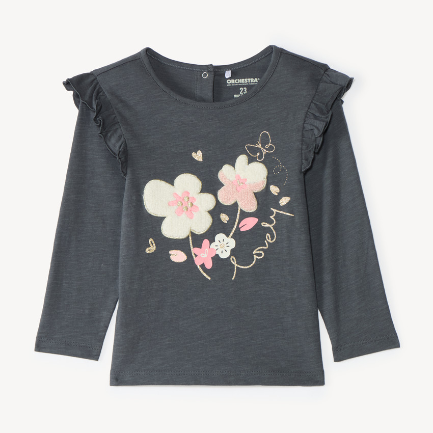T-shirt manches longues bébé fille avec patch bouclette fantaisie