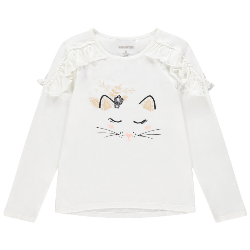 T-shirt manches longues volanté print chat 