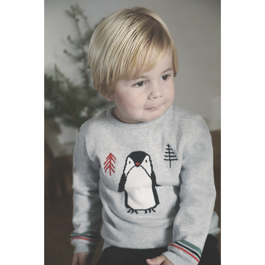 Pull de Noël en tricot motif pingouin et sapins pour bébé garçon 