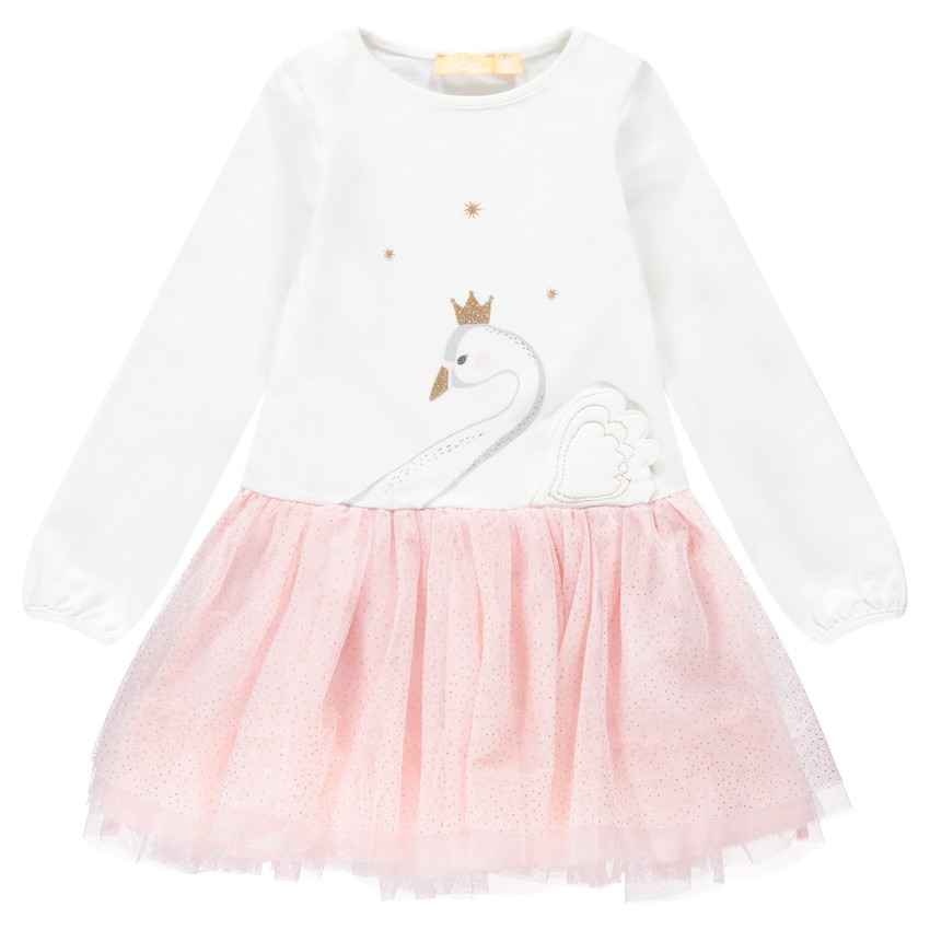 Robe de fête bi-matière avec cygne printé et tulle 