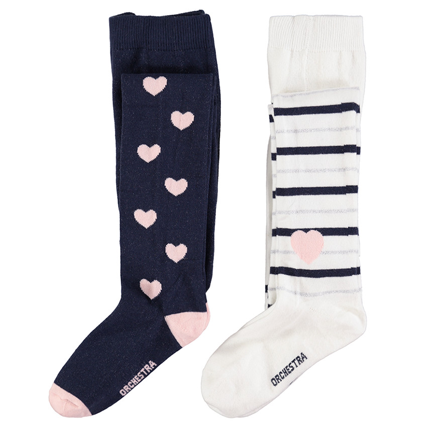 Lot de 2 collants épais à coeurs / rayures en jacquard 