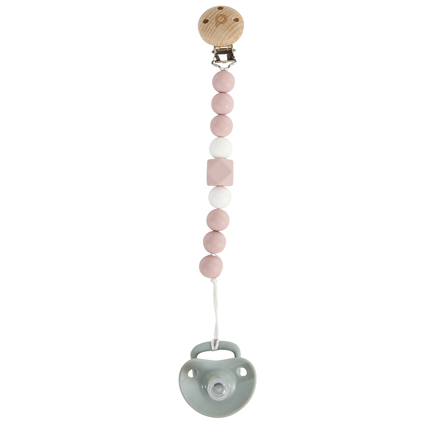 Attache-sucette en bois et silicone rose 