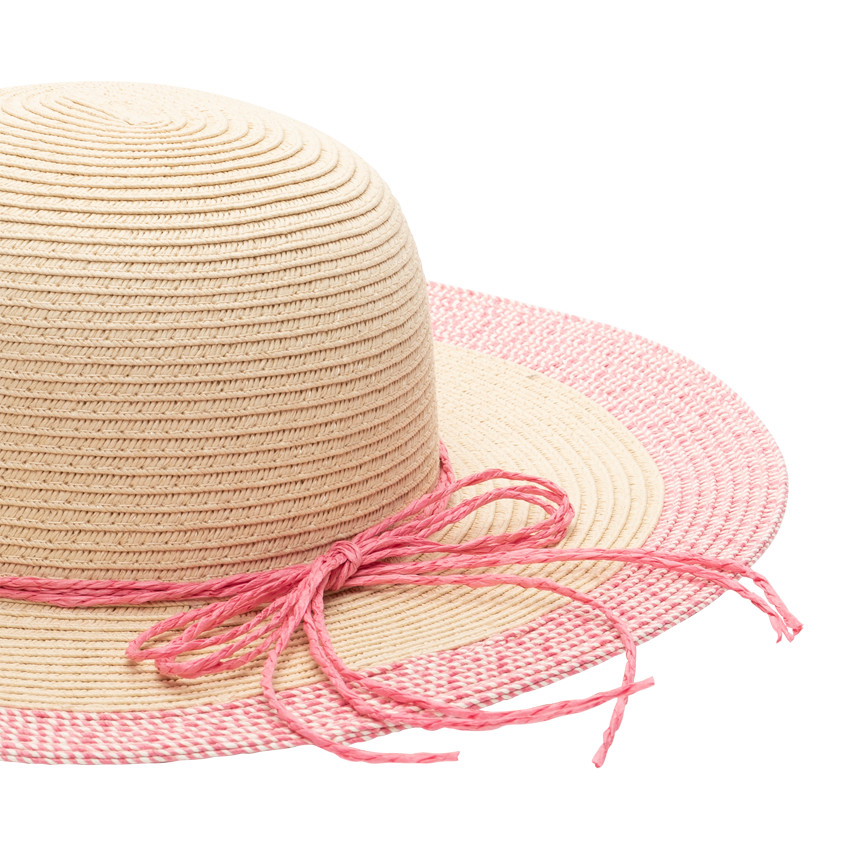 Capeline effet paille tressée à cordelettes roses 