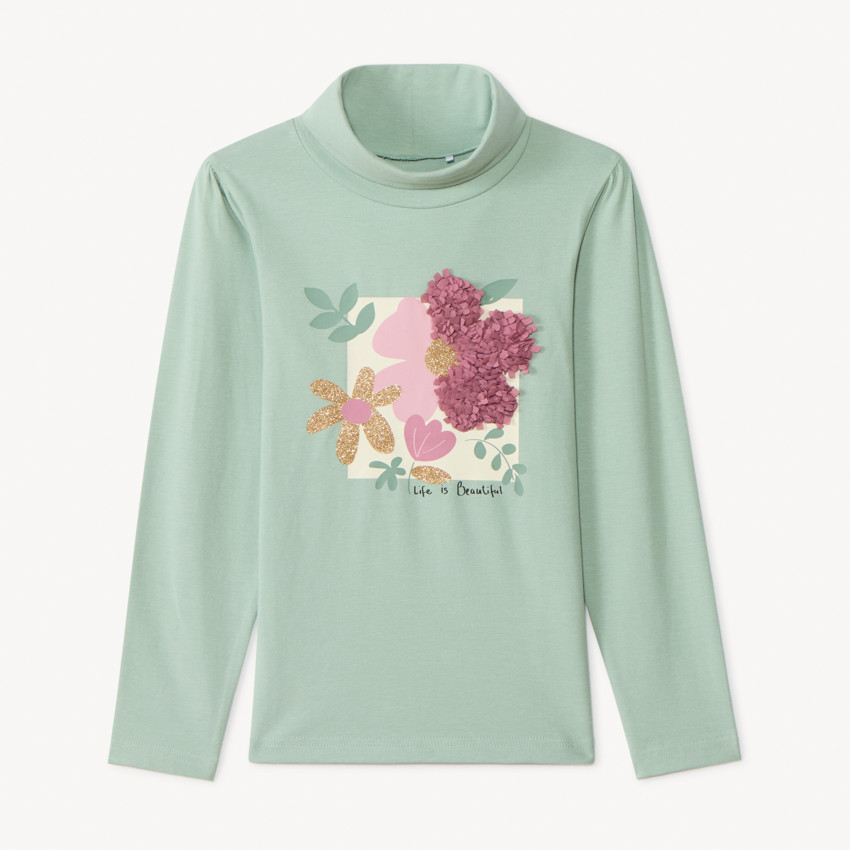 Sous-pull à col roulé et fleur effet pétales 3D pour fille