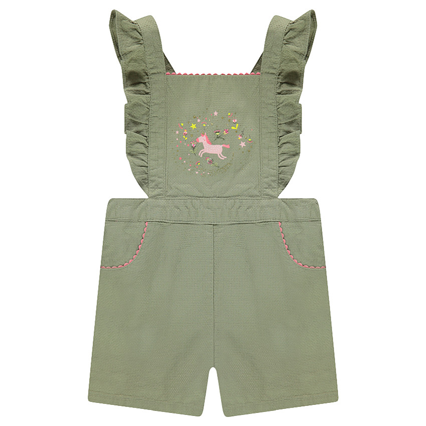 Salopette short à bretelles volantées et licorne printée 