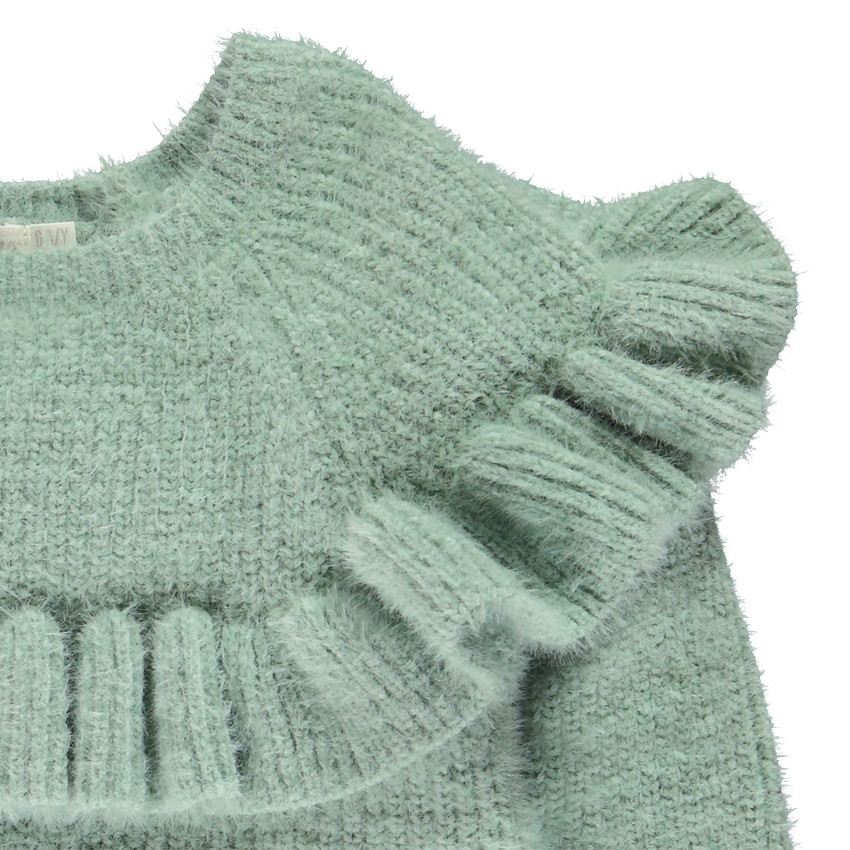 Pull en tricot côte uni avec empiècement volanté pour fille 