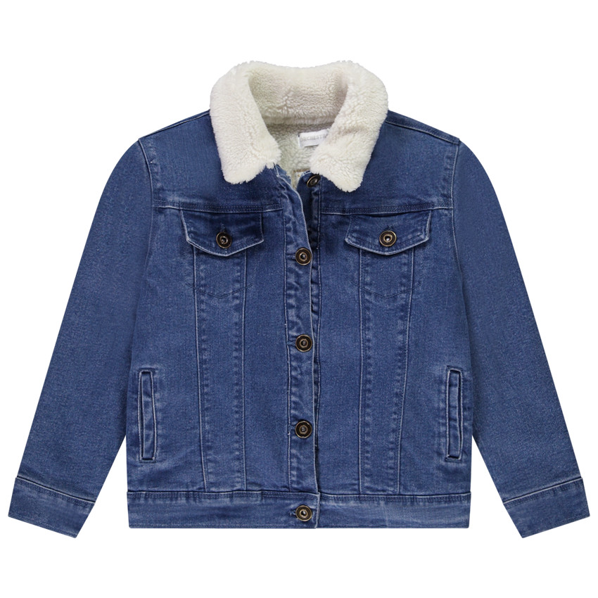 Veste en denim avec col en sherpa et broderies fleurs pour fille