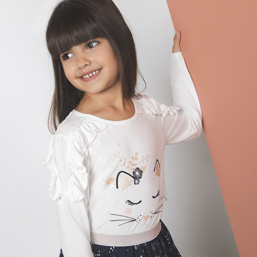 T-shirt manches longues volanté print chat 