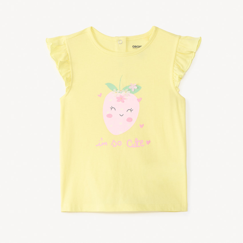 T-shirt manches courtes volantées print fraise avec fleurs en relief pour bébé fille