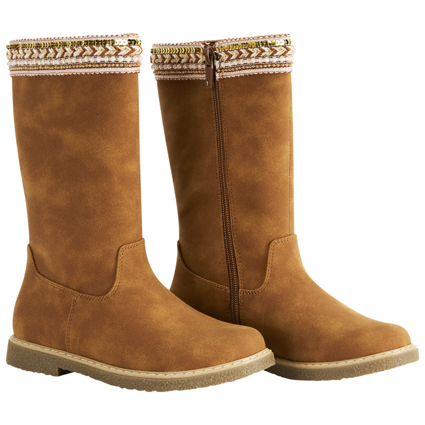 Bottes marron à zip et galon textile avec perles et sequins pour fille 