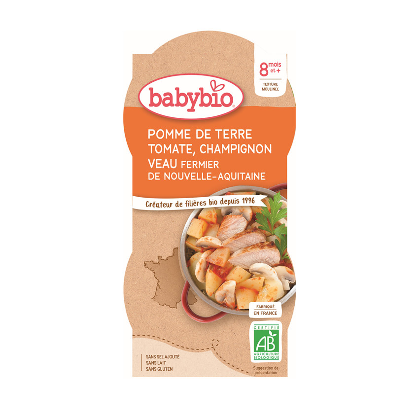 Bols de Pomme de terre, Tomate, Champignon et Veau 2x200g Main Bols de Pomme de terre, Tomate, Champignon et Veau 2x200g