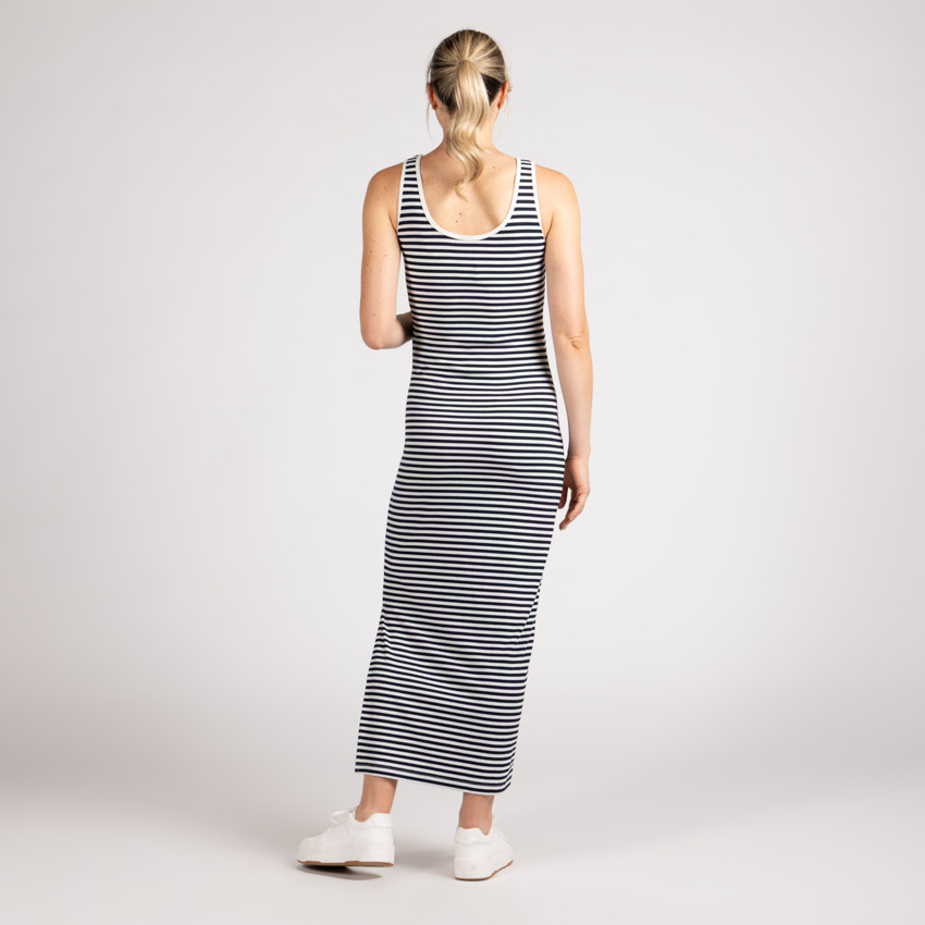 Robe longue moulante sans manches rayée pour femme 