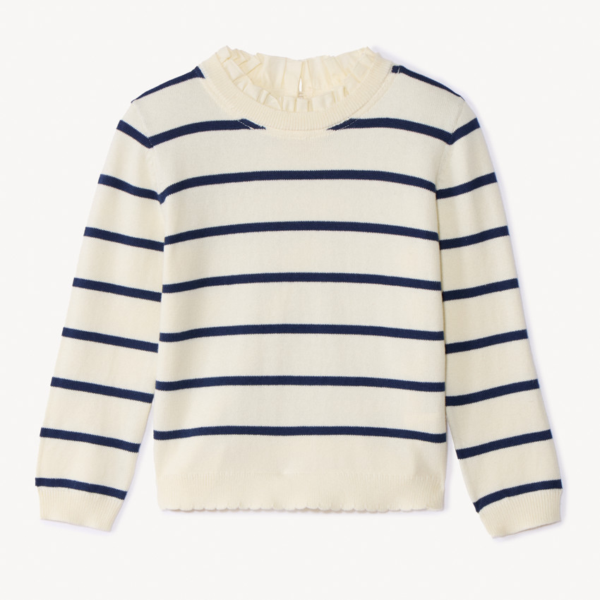 Pull en tricot à rayures et col popeline volantée pour fille  