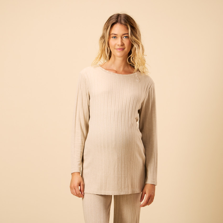 Set pyjama 2 pièces uni effet côtelé pour femme 