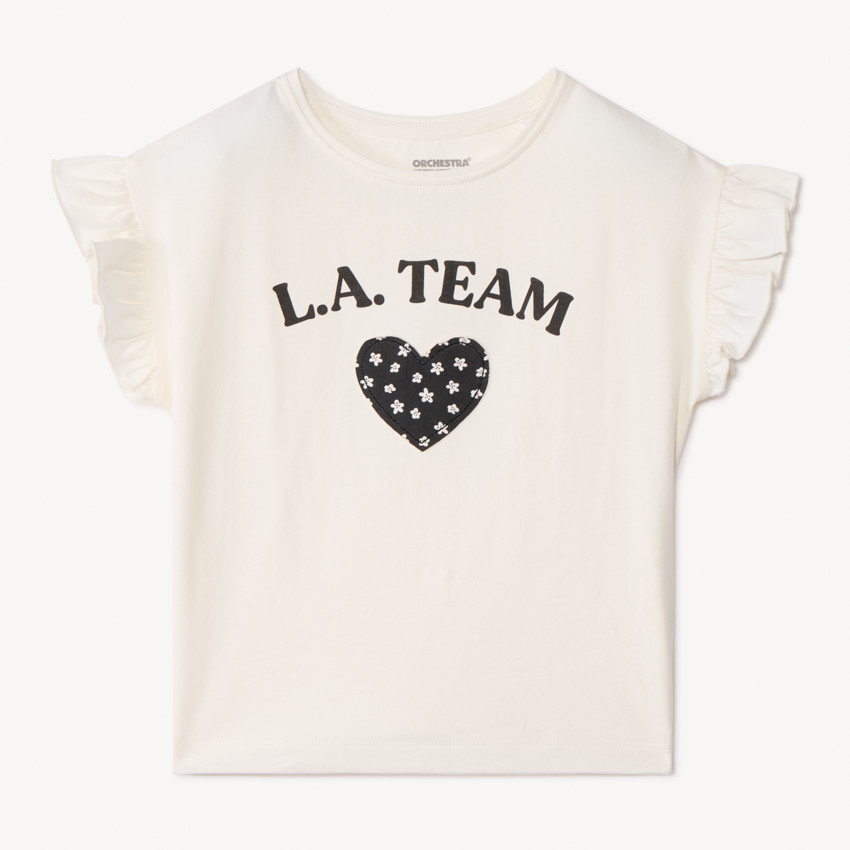 T-shirt manches courtes volantées patch cœur pour fille