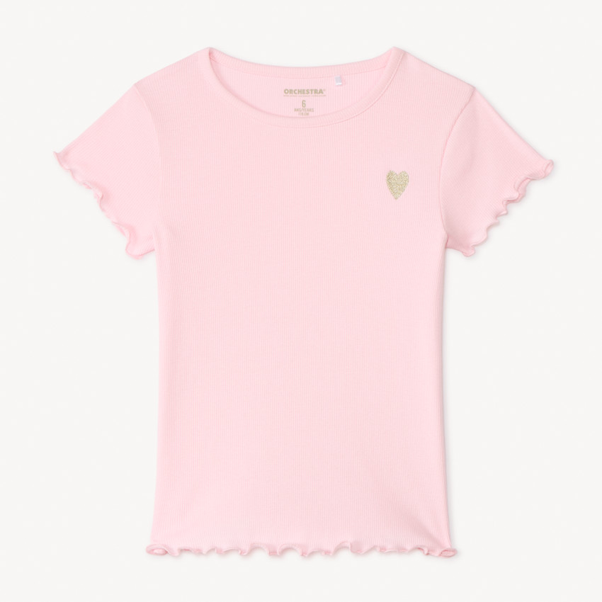 T-shirt manches courtes en maille côtelée uni broderie cœur pour fille
