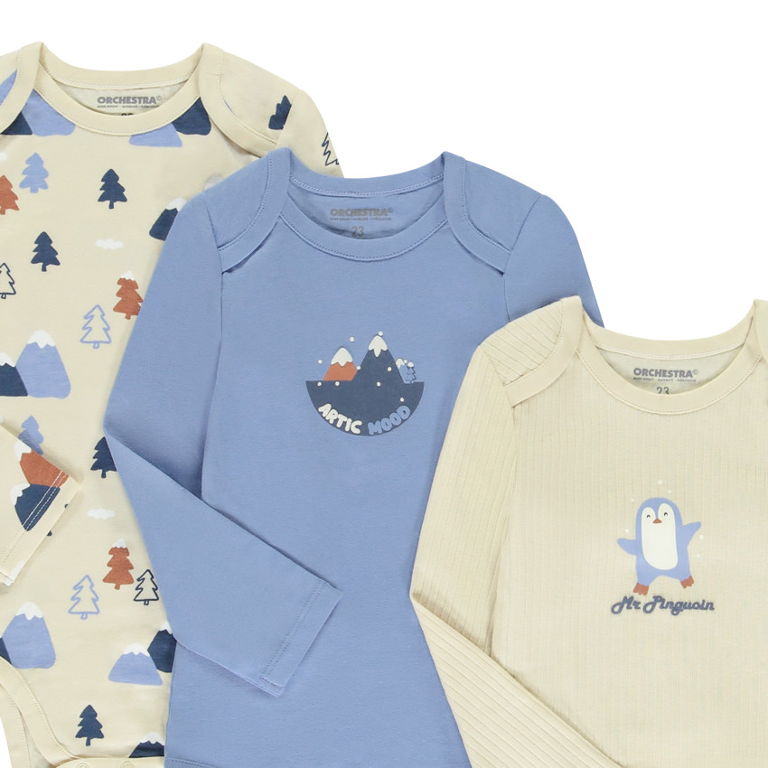 Lot de 7 bodies manches longues motifs Artic pour bébé garçon avec ouvertures différentes selon l'âge 