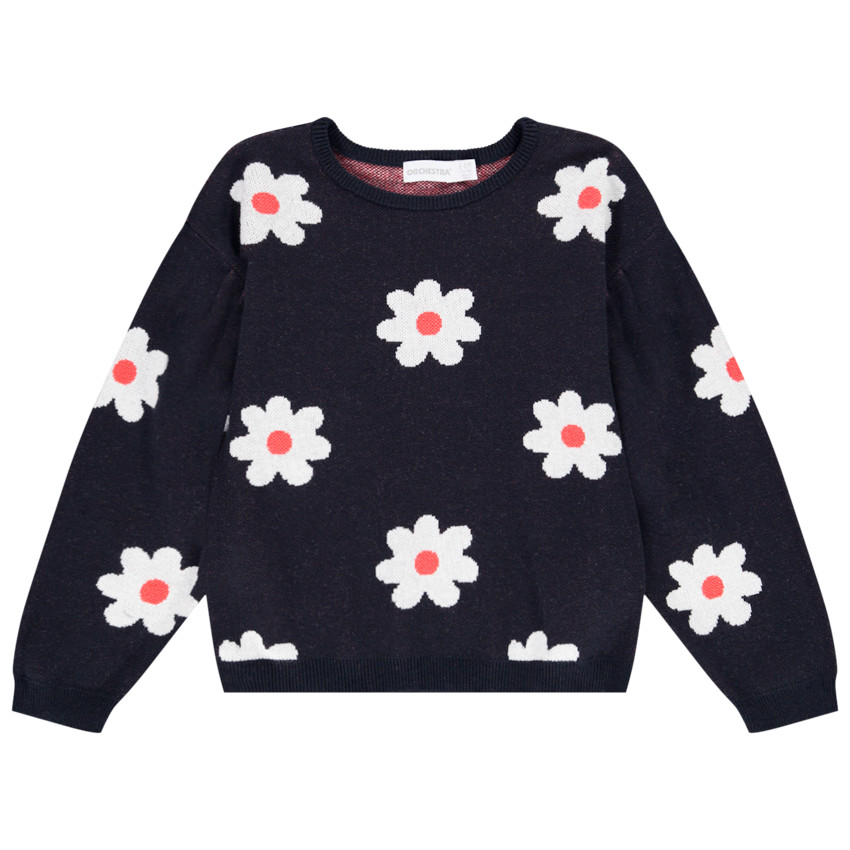 Pull en tricot imprimé fleurs en jacquard pour fille 