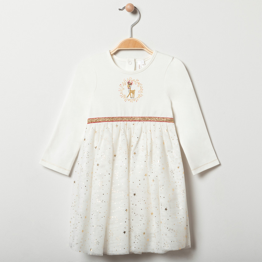 Robe de fêtes bi-matière à motifs dorés pour bébé fille 