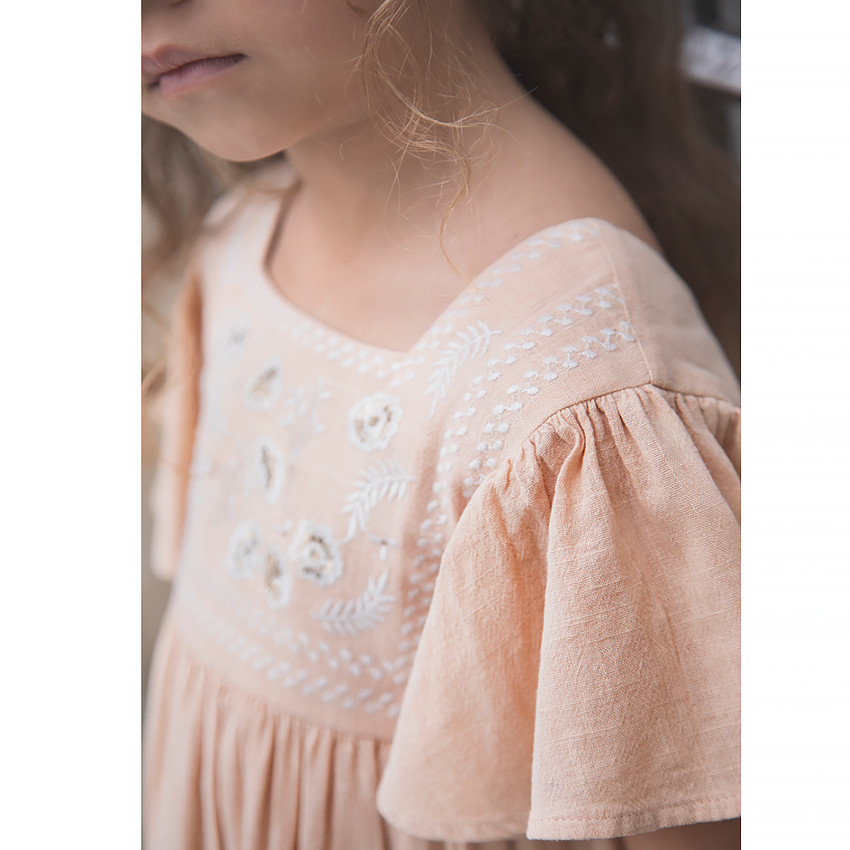 Robe de cérémonie manches courtes volantées et broderies pour fille 