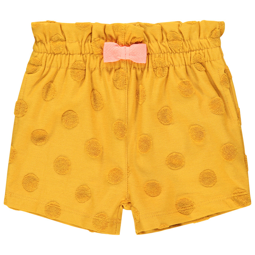 Short jaune à pois en relier et noeud rose 